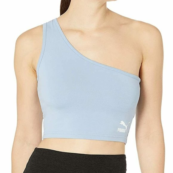 NWT PUMA WOMEN Classics Asymmetric Bandeau Crop Top in forever Blue Athleisure - Picture 8 of 14
